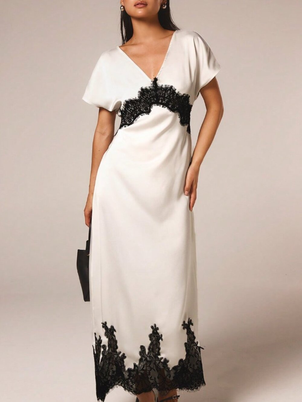 Black and White Elegant Women's Contrast Lace Batwing A-Line Dress